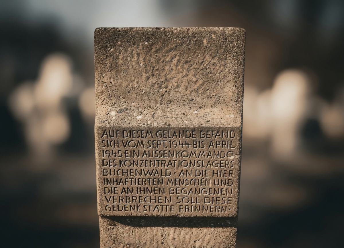 Stone memorial monument at the former Buchenwald subcamp site in Witten, inscribed with a dedication to the prisoners and victims of forced labour