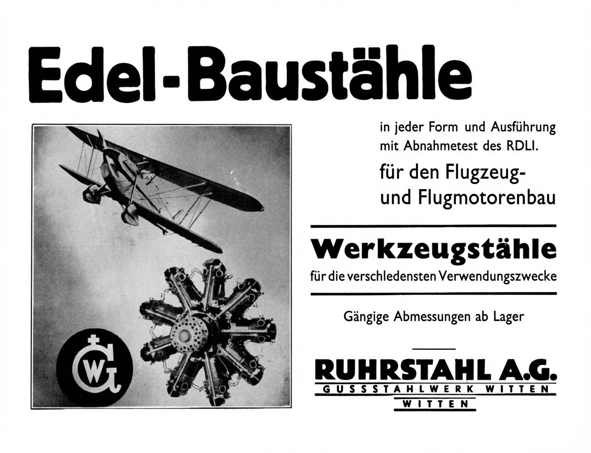 Ruhrstahl AG Edel-Baustähle ad with biplane — Gussstahlwerk Witten.