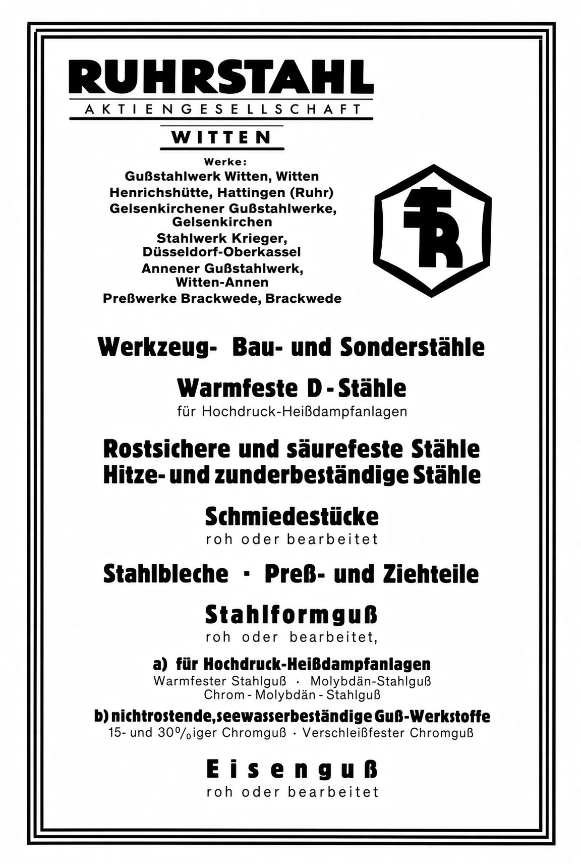 Ruhrstahl AG advertisement — tool, construction and special steels, Witten.
