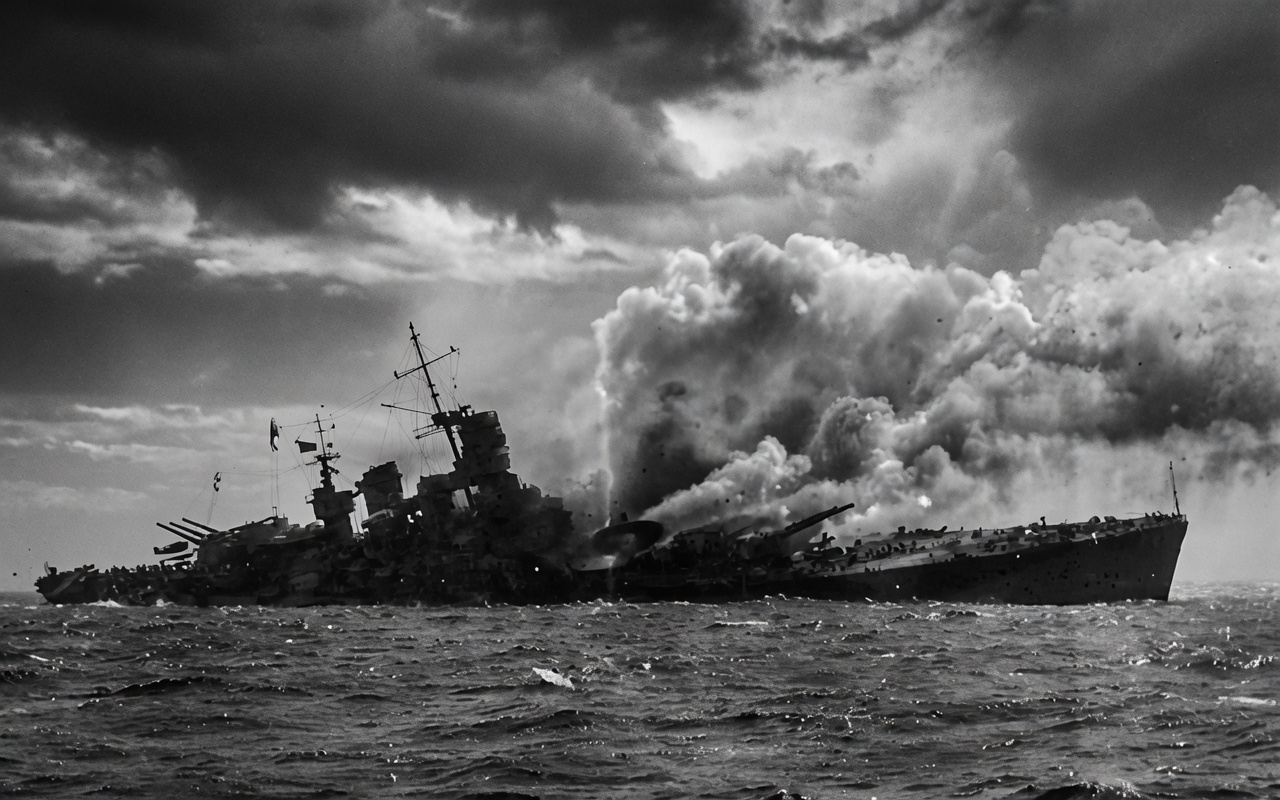 Historic photograph of the Italian battleship Roma listing and enveloped in smoke on 9 September 1943.