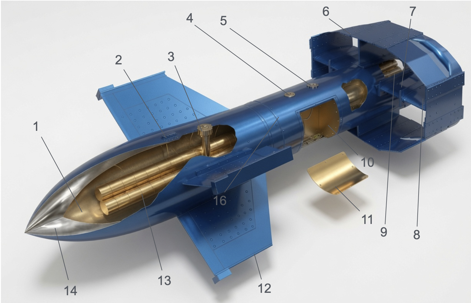 Technical cutaway diagram of the Fritz X guided anti-ship bomb showing internal warhead, control chamber and tail spoilers.